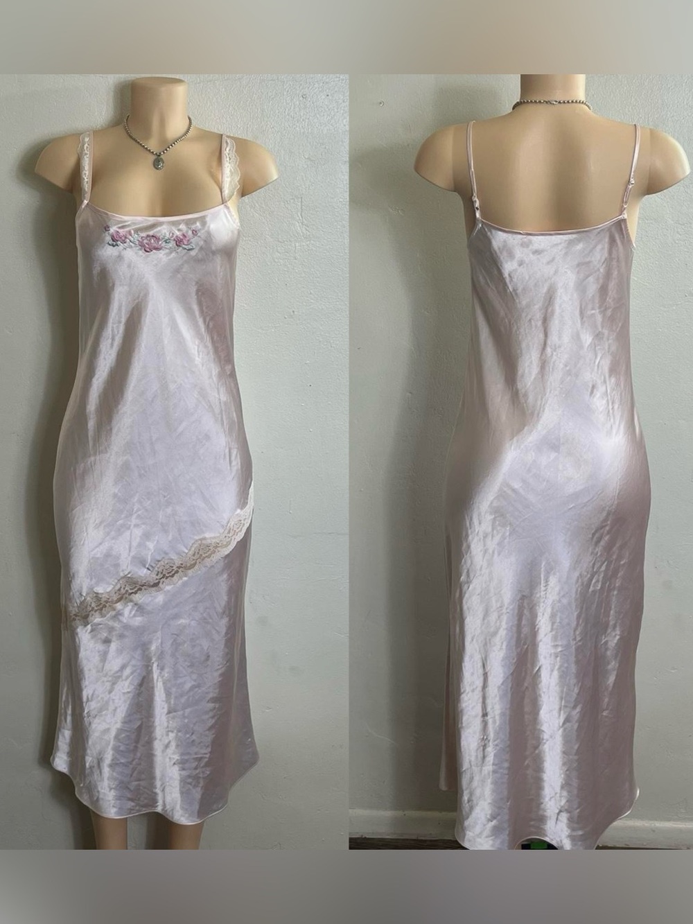 PINK Victoria's Secret Pale Pink Satin Lace-Trim Slip Dress